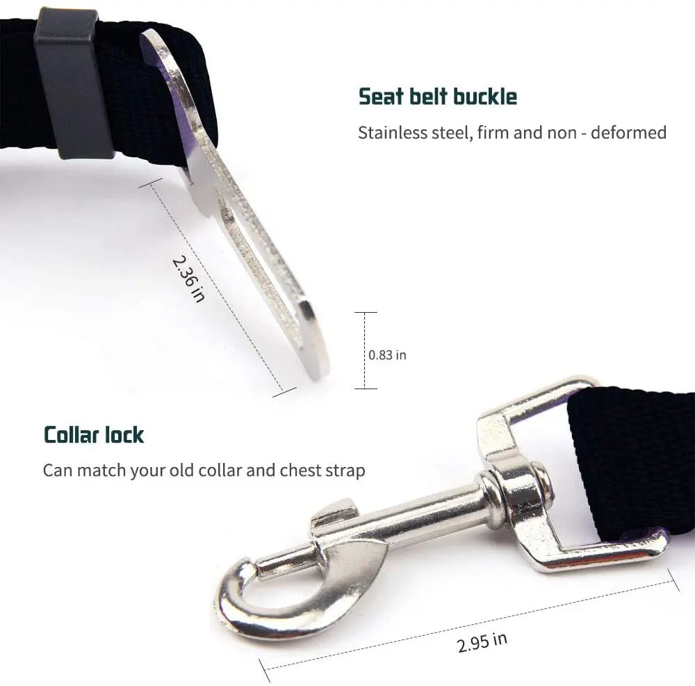 Midello adjustable pet seat belt connected to a standard car seat-belt buckle