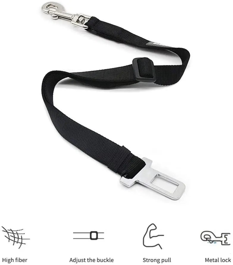 Midello dog seat belt in use — dog safely secured in the back seat of a car